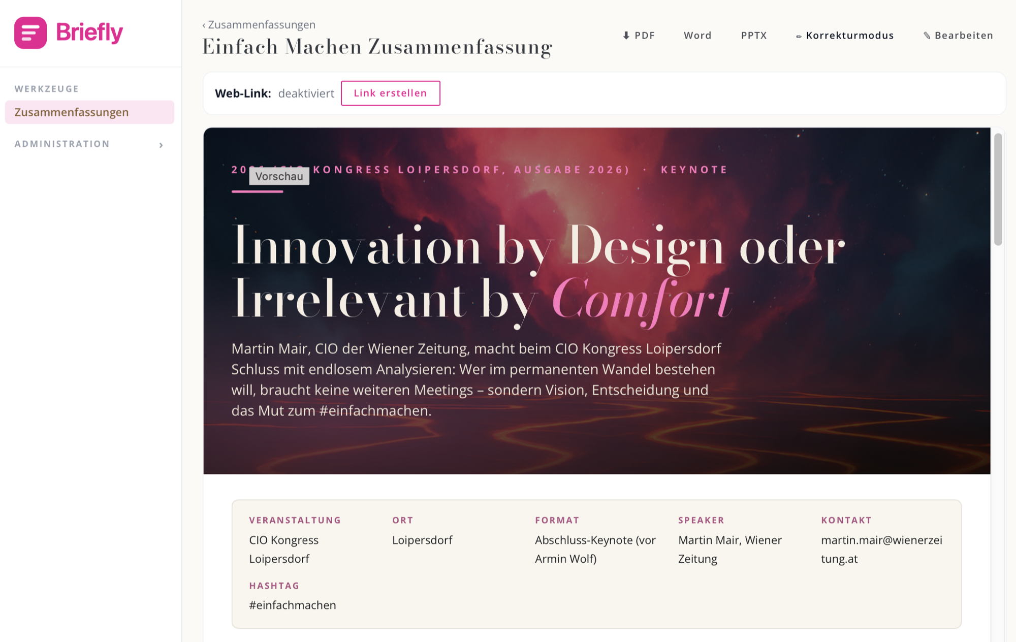 Briefly — fertig gestaltete Zusammenfassung als Magazin-Layout